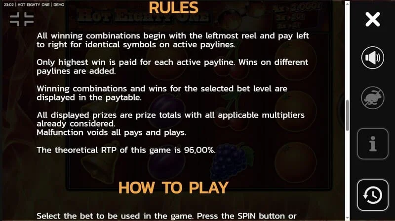 Hot Eighty One - short "how to play" instructions with Wild and multiplier description